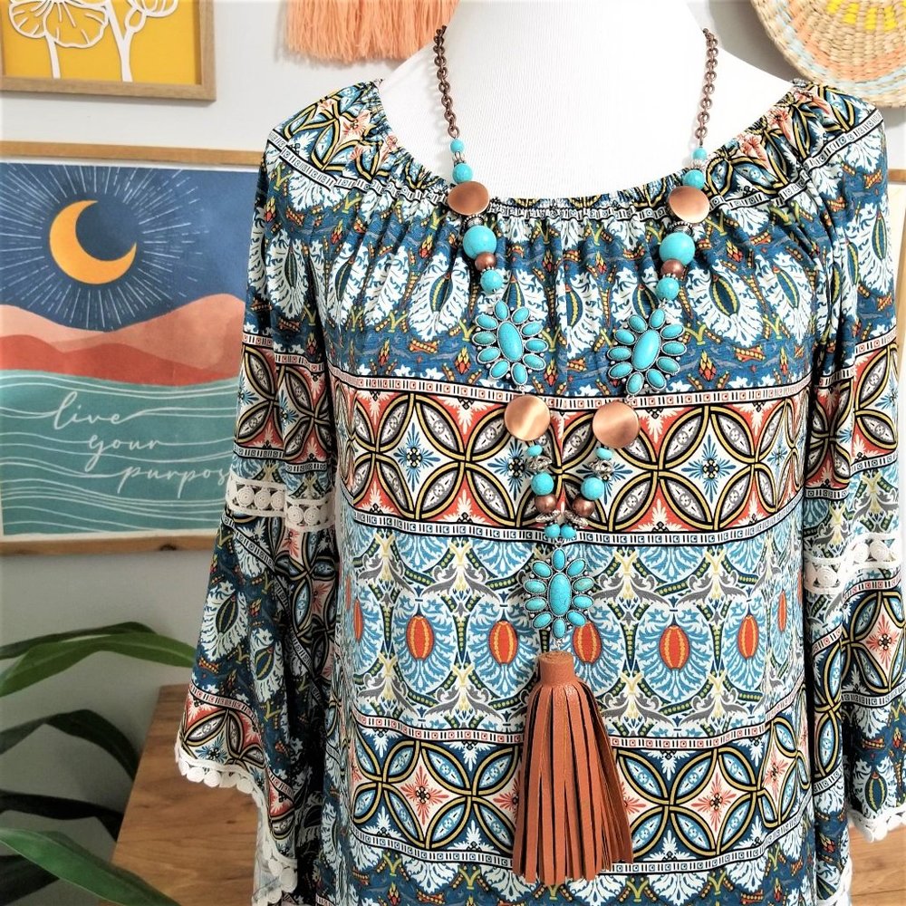 Dress. Teal, Burnt Orange, Multi Print. Southern Fried Chics Brand. Size Small. - Picture 2 of 9